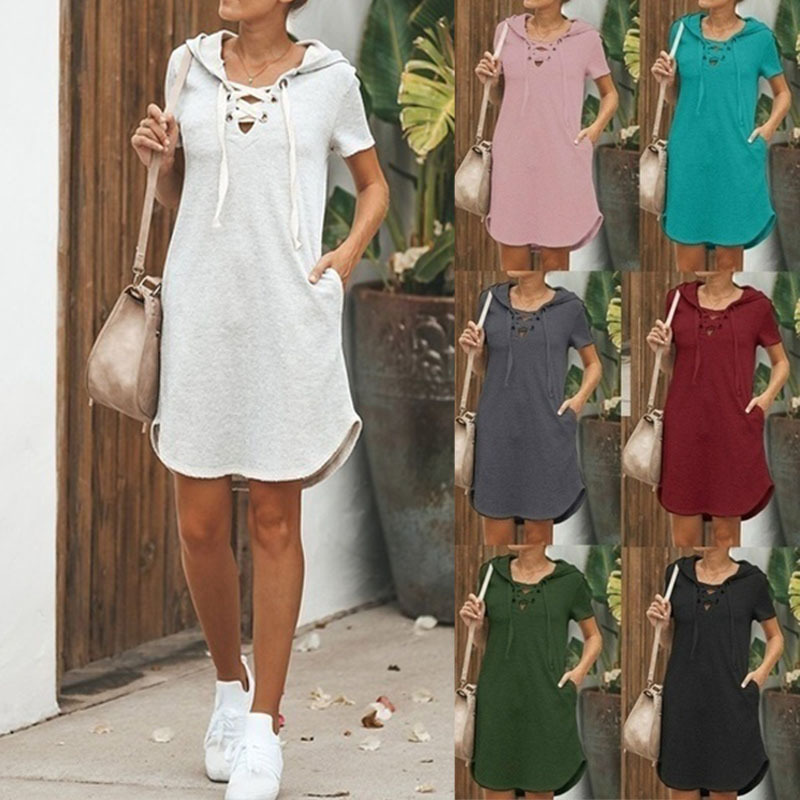 

2020 Summer Hooded Lace-up V-neck Short-Sleeved Slim Casual Fashion Solid Color and Simple Dress Female Six-Color Optional -XXL, Black