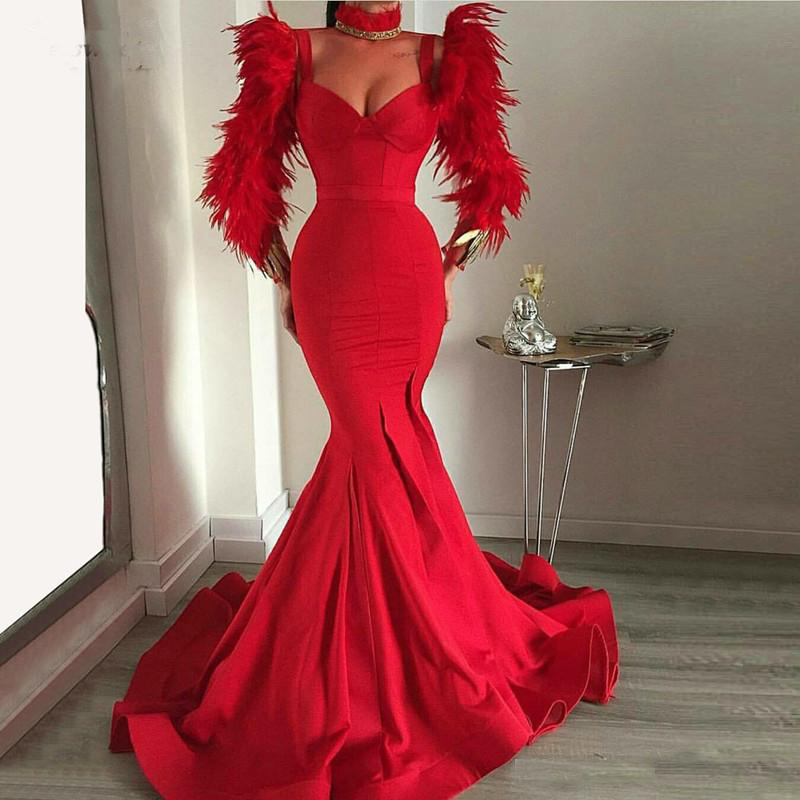 

Mermaid Red Feathers Evening Dress 2019 Slim Party Gown Long Sleeves Prom Dresses vestido de festa longo New Arrival, Fuchsia