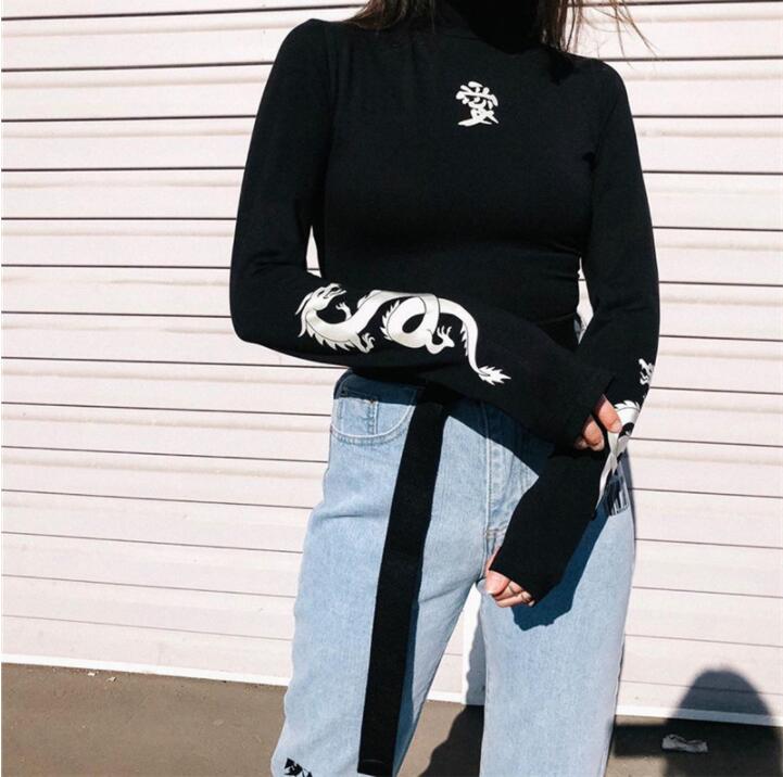 Autumn Women Love Dragon Print T-shirts Reflective Fashion Turtleneck Long Sleeve Tee Slim Harajuku Shirts Female Night Top Clothing