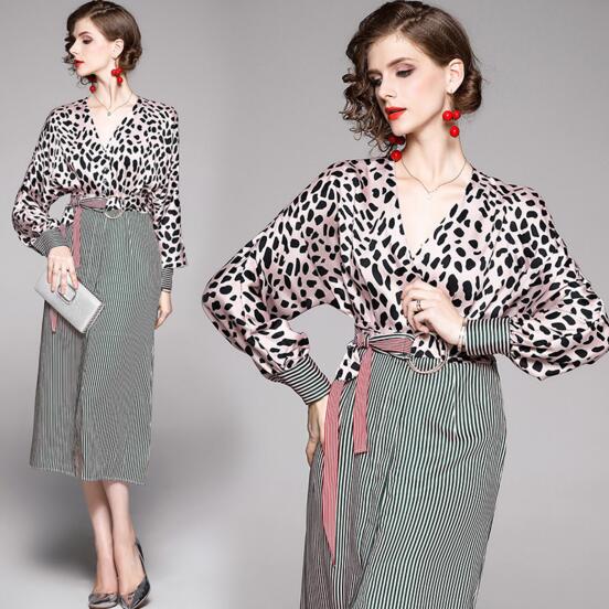 

Autumn New Leopard V-neck Long Sleeve Lace-up Waist Temperament Skirt, Green
