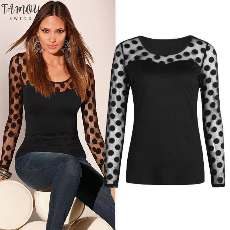 

New Women Mesh Polka Dot Casual Loose Long Sleeve Ladies T Shirt Top Clothes Drop Shipping, Black