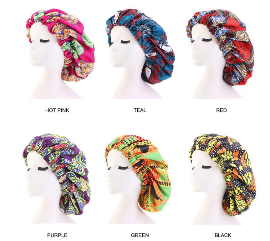 

New Extra large Satin Lined Bonnets women African pattern print fabric Ankara bonnets Night Sleep Hat Ladies Turban, Teal