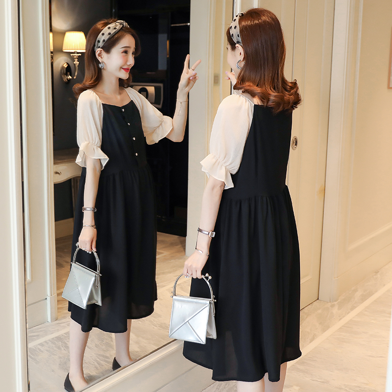 

Summer Maternity Chiffon Dress Block Color Patchwork Short Flare Sleeve Square Collar Pregnant Women Chiffon Dress Empire, Black