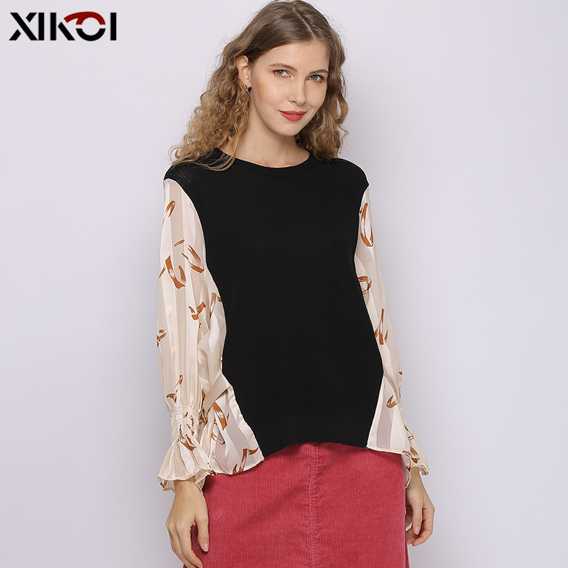 

XIKOI Women Chiffon Blouse Patchwork New 2020 Sexy Casual Puff Sleeves Korean Shirt Elegant Slim Stand Collar Women Tops blusa, Black