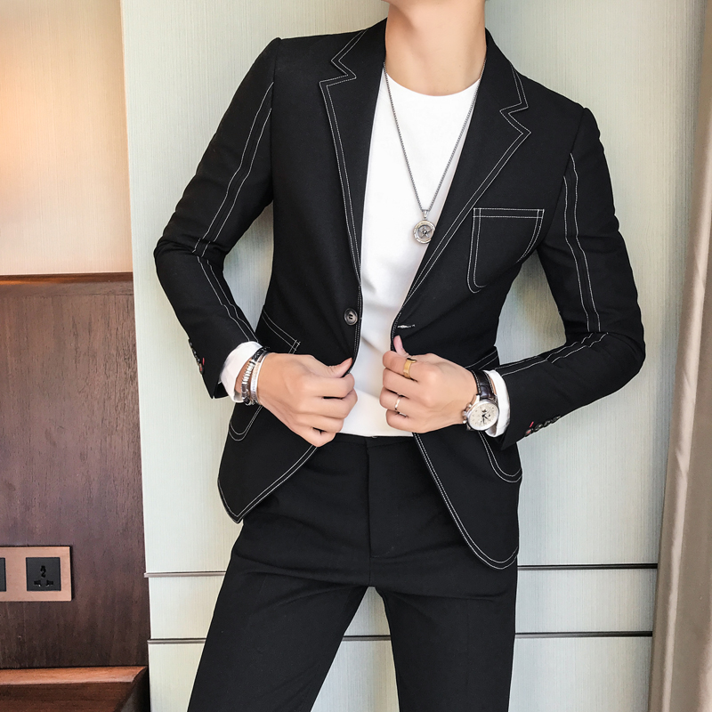 

Personalized embroidery male Korean version of Slim casual British hair stylist small suit tide boy night handsome handsome coat, Black