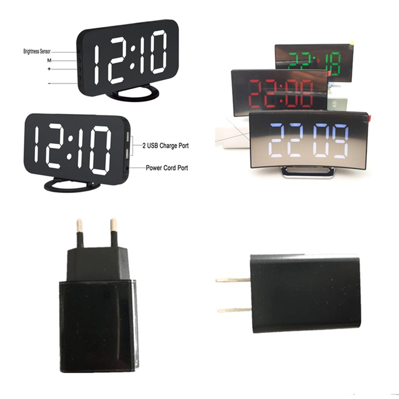 

Digital LED Alarm Clock with EU Plug Snooze Display Time Night Led Table Desk Alarm Mirror Clock 2 USB Charger Ports for Phone