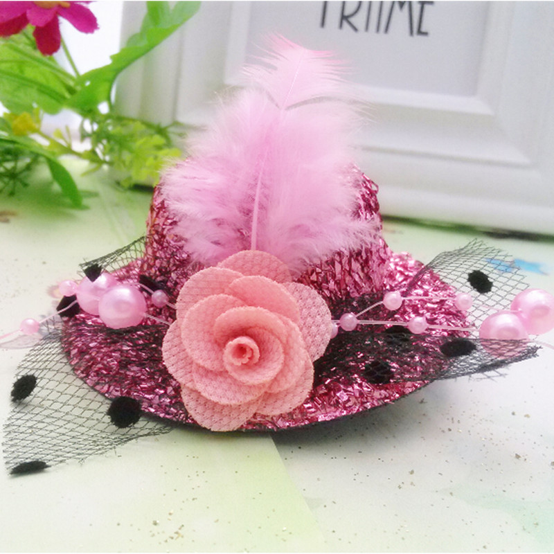 

M MISM Lovely Top Hat Feather Hair Clips For Girls Chiffon Rose Rhinestone Children Hair Accessrioes haarspeldjes voor meisjes, Red