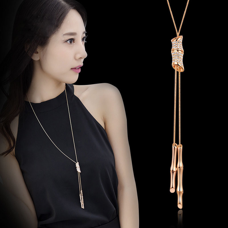 

Length 88cm Fashion Golden Silver Rhinestone Bamboo Pendant Necklaces women's fashion sweater jewelry accessories