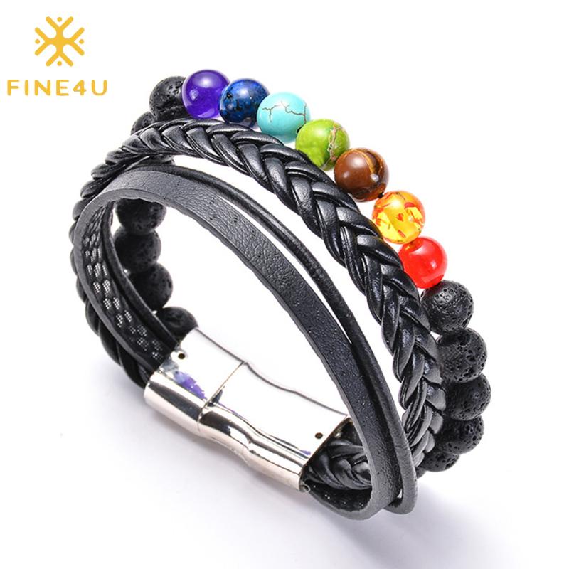 

FINE4U B309 Healing Chakra Bracelet with Natural Lave Stones Multilayer Wrap PU Leather Magnetic Clasp Wristband For Men