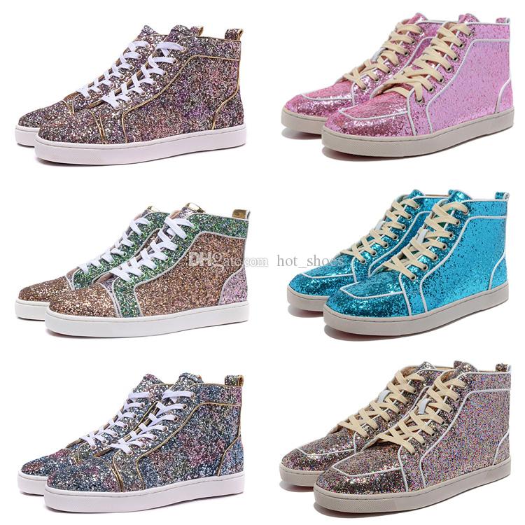 

Cheap Rantus Mens Womens Flat Glitter Red Bottoms Shoes Casual Luxurys Designers Sneakers For Men Women Girls Lovers High Top Party Shoes, Black