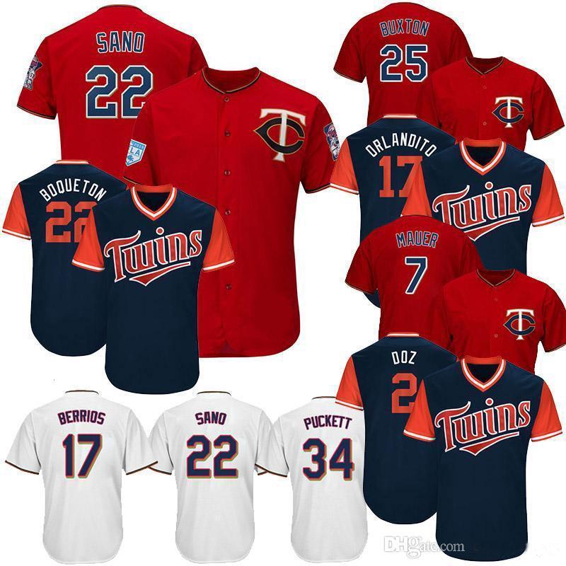 

2019 Minnesota 22 Miguel Sano 2 Brian Dozier 7 Joe Mauer 34 Kirby Puckett 17 Jose Berrios 25 Byron Buxton Baseball Jersey, As shown