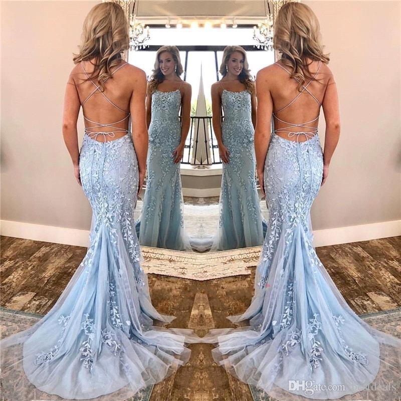 spaghetti strap backless prom dress