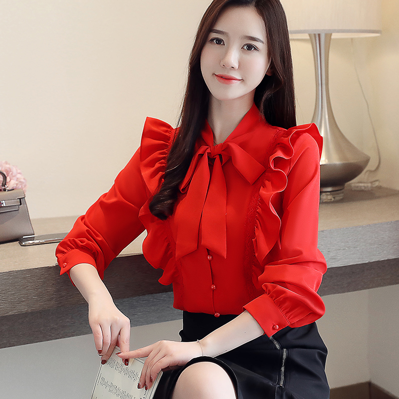 

Korean Office Shirt Bow Collar 2020 New Chiffon Shirt New Women Top Ruffles Female Blouse Shirts Long Sleeves Woman Clothes 630i, Red