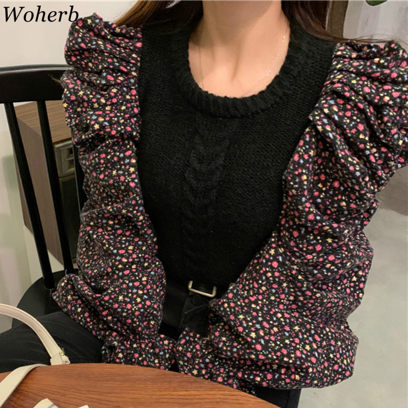 

Woherb Vintage O Neck Long Puff Sleeve Sweater Women Floral Print Patchwork Slim Knitted Pullovers Jumpers Fashion New 91487, Black pullover