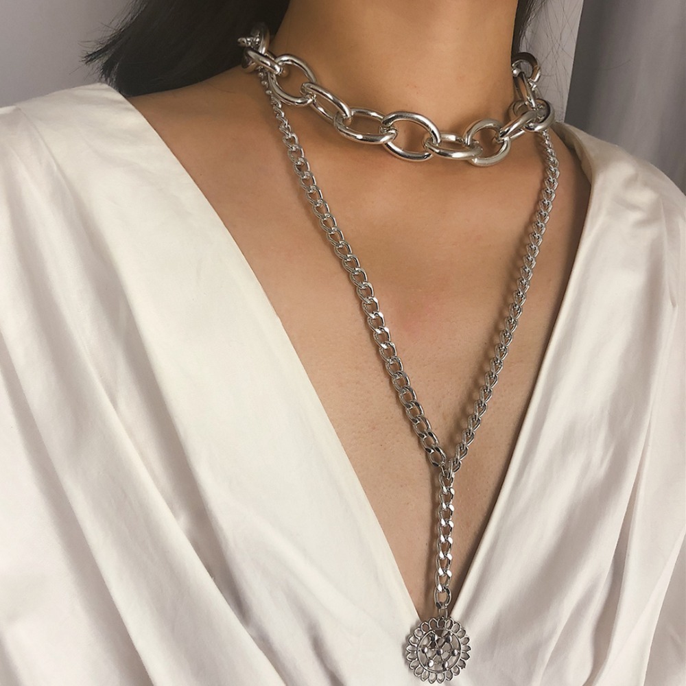 

Trendy Miami Cuban Choker Necklace Collar Statement Hollow Out Round Pendant Long Chain Necklace For Women Jewelry