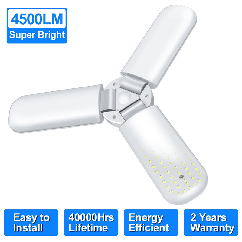 

LED Garage Light, 45W E27 LED Bulb SMD2835 228leds Super Bright Foldable Fan Blade Angle Adjustable Ceiling Lamp Home Energy Saving Lights