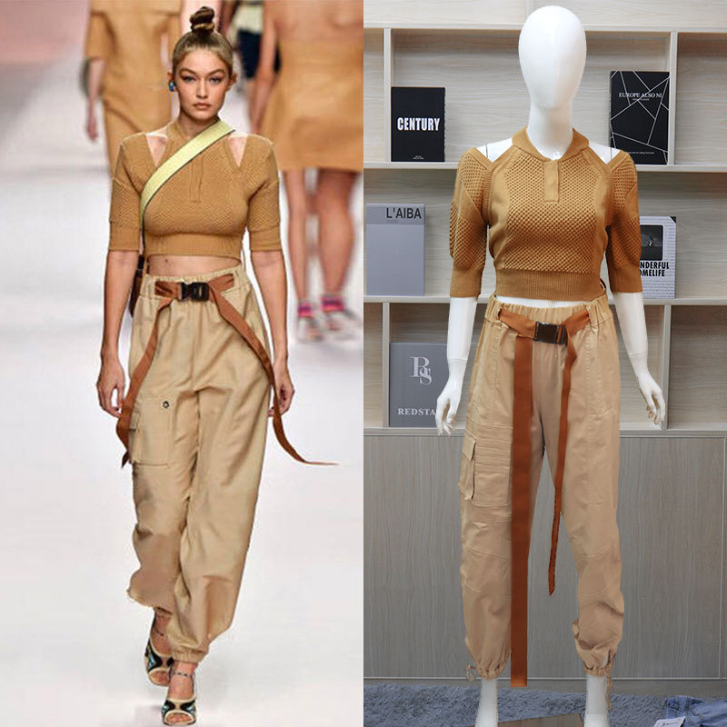 

Women S Clothing 2 Piece Set Supermodel Paris Catwalk Fashion Week Brown Off Shoulder Sleeves Sweater+Pants Suit Two Sets Overalls S-XL, Bottom