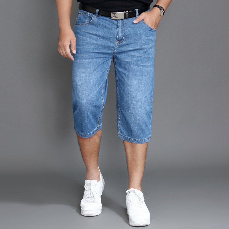 

New Arrival Fashion Denim Shorts Men Thin Elastic Loose Knee Length Casual Super Large Plus Size -34 36 38 40 42 44 46 48, 902 blue