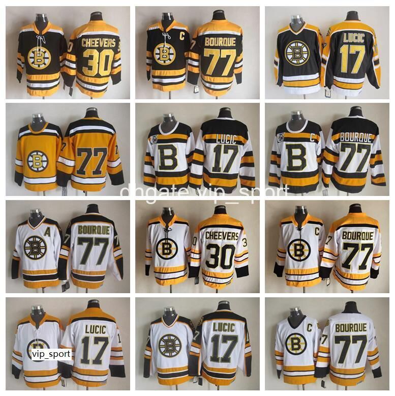 

Boston Bruins 17 Milan Lucic Jersey 77 Ray Bourque 30 Gerry Cheevers Ice Hockey Jerseys Vintage CCM Stitched Black White Yellow, 77 75 anniversary