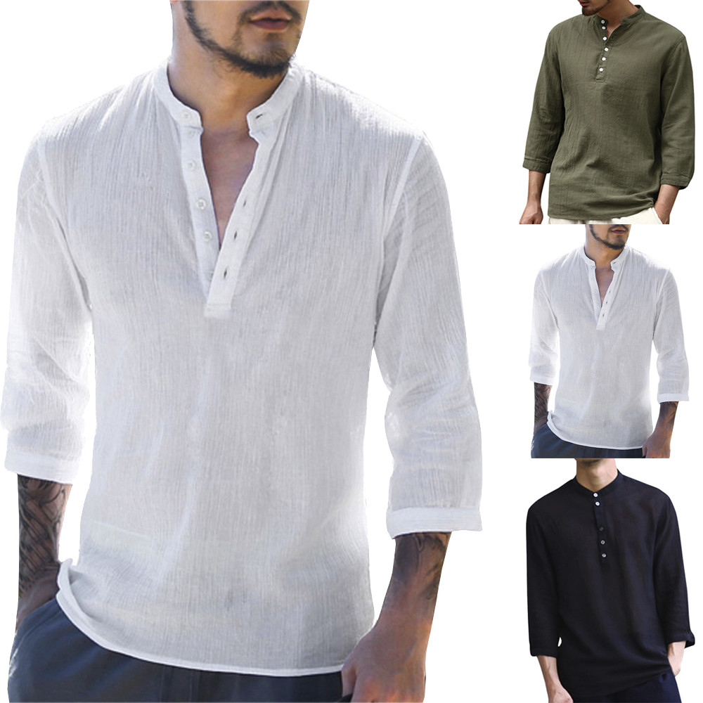 

2019 Mens Pullover Linen Shirts Short Sleeve Spring Summer Breathable Mens Quality Casual Shirts Slim fit Solid Cotton Shirts Men, White