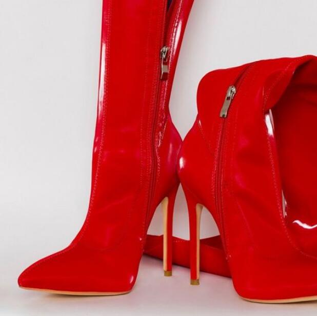 

Sexy Red Patent Leather Over The Knee Boot Pointed Toe Stiletto Heels Tight High Boots 2019 Women Winter Party Dress Shoes, As picture