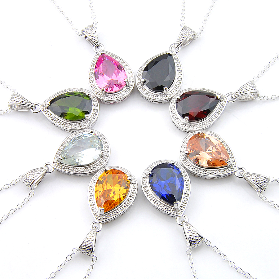 

LUCKYSHINE Fashion Jewelry 8 Color 925 Silver Necklace Topaz Crystal Stone Women jewelry Water Drop Pendant Necklace 10*14 mm free Shipping