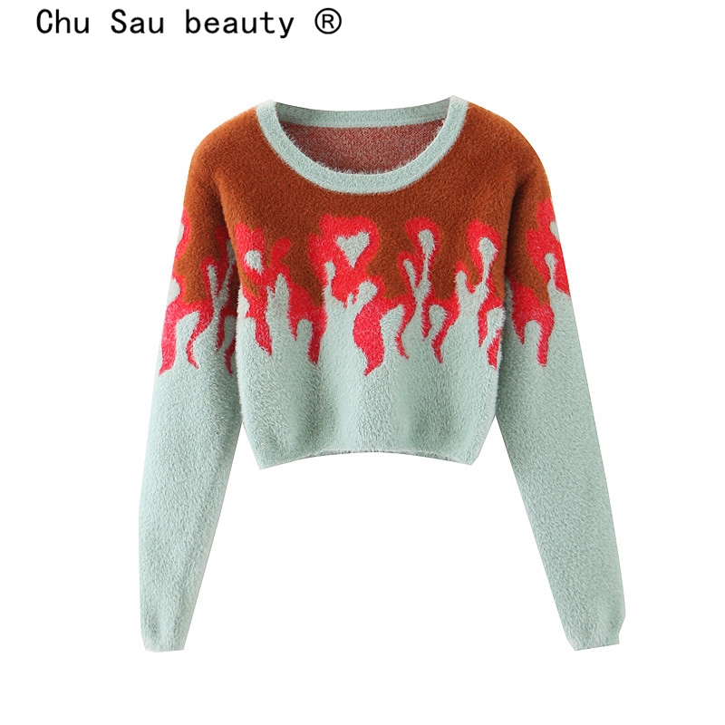 

Chu Sau beauty New Fashion Ins Bogger Style Flame Pattern Sweaters Women Autumn Winter Chic Imitation Mink Hair Short Pullovers, Sw0842