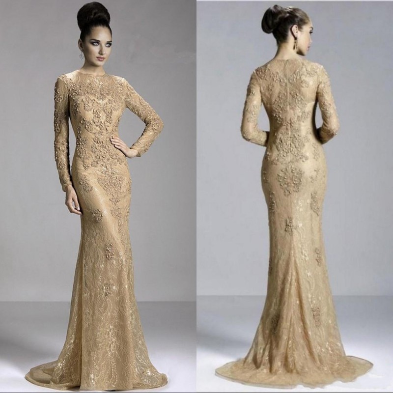 

2020 Gold Sexy Long Sleeve Jewel Evening Dress Zipper Sweep Train Formal Prom Mother Dresses With Lace Beaded Pearl Appliques Arabic, Light sky blue
