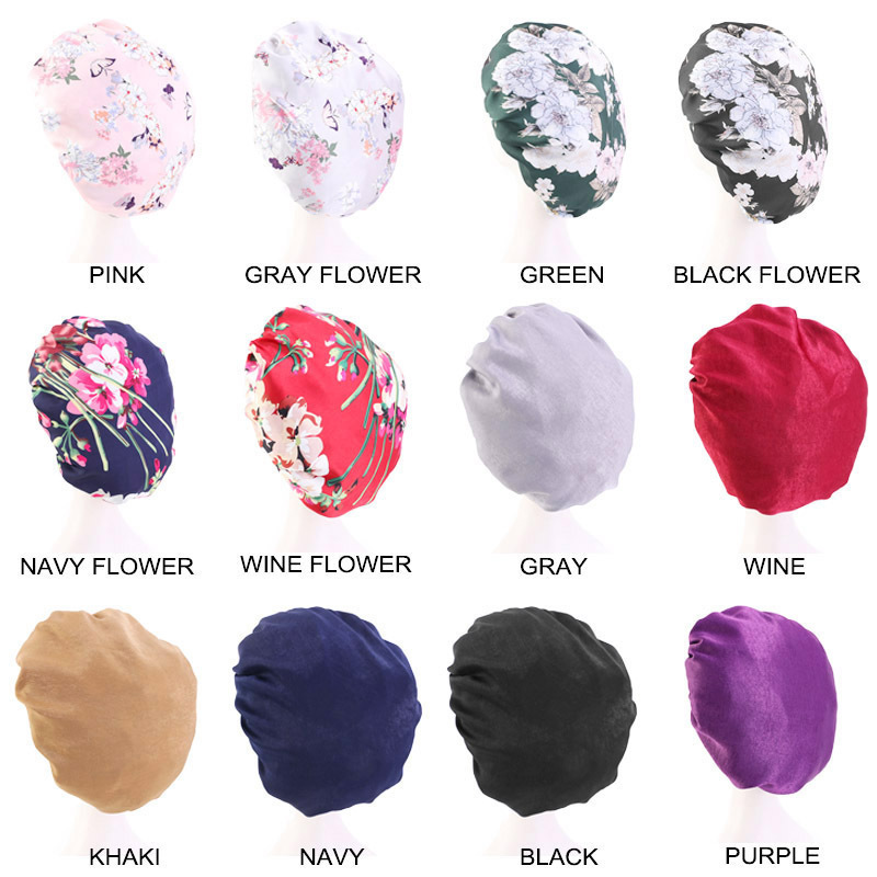 

58cm Floral Print Silky Headwrap Satin Bonnets Hair Caps Women Wide Elastic Band Lady Hair Cover Hat Jewelry Night Sleeping Cap