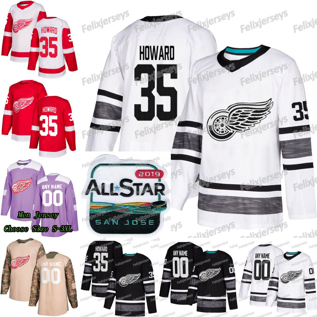 

35 Jimmy Howard 2019 All Star Detroit Red Wings Gustav Nyquist Andreas Athanasiou Tyler Bertuzzi Frans Nielsen Larkin Anthony Mantha Jersey, Black;red