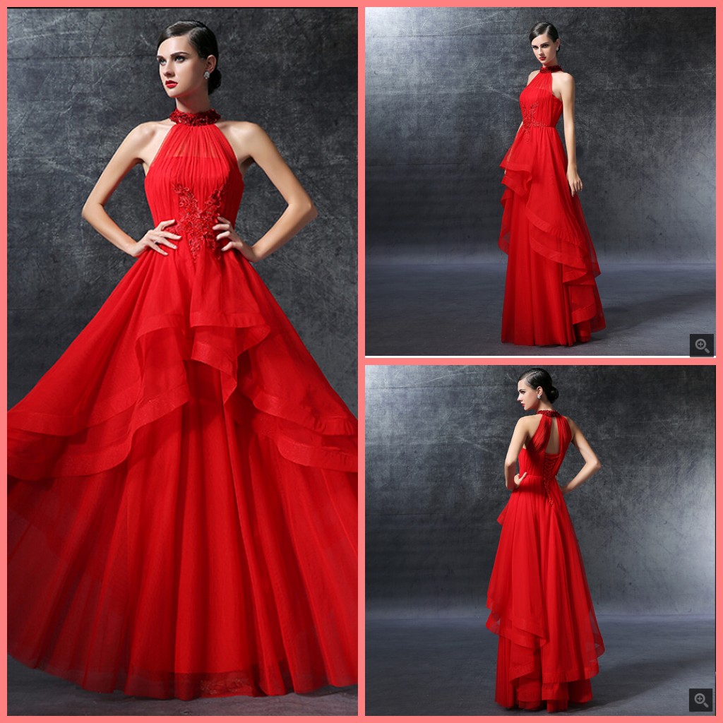 

Halter Red Evening Dresses 2019 Beading lace Applique Long ruffled Prom Dress Corset Women Formal Party Dresses Custom Made, Fuchsia