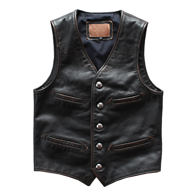 

Genuine Leather Vest Male United States Imports Header Level Leather Vintage Old Slim Locomotive Waistcoat Vest Jacket, Brown