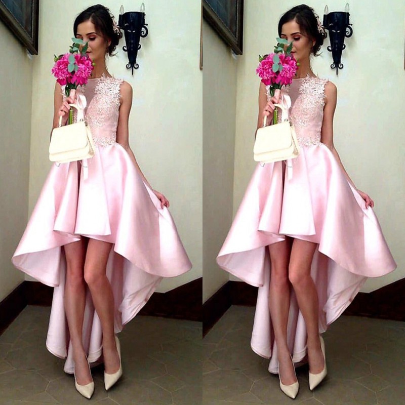 

Cheap Scoop Neck Sleeveless High Low Short Prom Dresses Pink Lace Appliques Satin A Line Cocktail Party Gowns, Blue