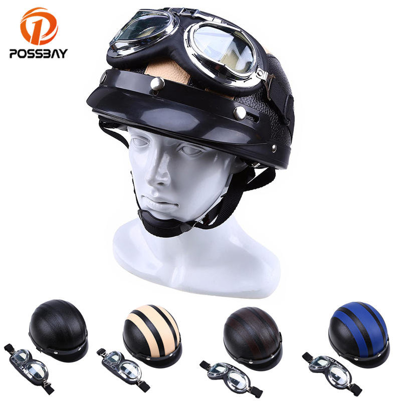 

POSSBAY Motorcycle Vintage Helmet Moto Leaeta Capacete Casco Casque Cruiser for Cafe Racer ATV UV Goggles Ski Half Helmets, Black