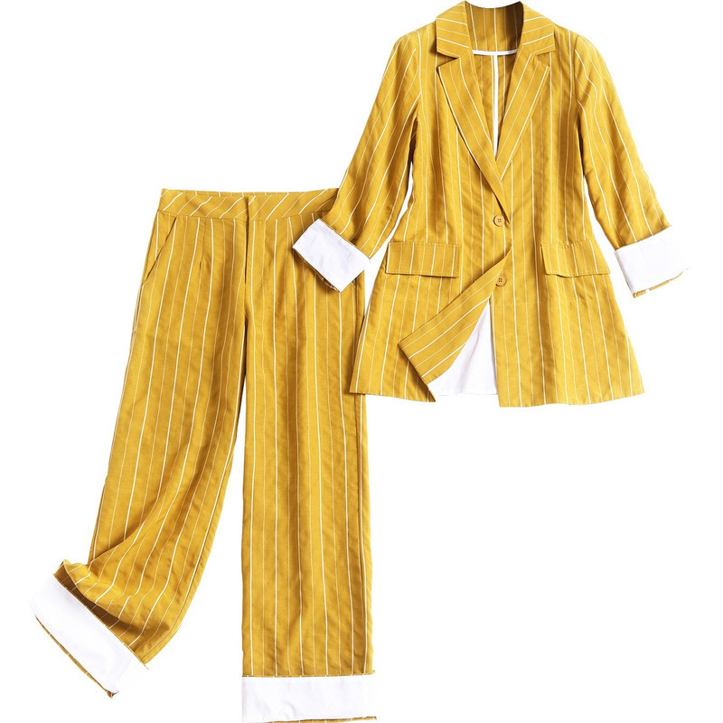 

2020 Spring Women Work Pant Suits Striped Blazer Jacket & Zipper Trousers Suit 2 Piece Sets Single Breasted Casual Suit, Yellow