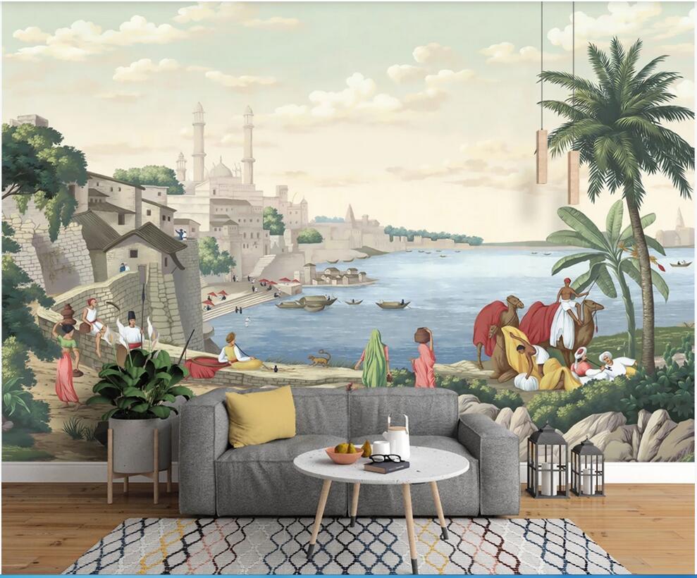 

WDBH 3d wallpaper custom photo European retro hand-painted seaside castle camel idyllic mural home decor 3d wall wallpaper for walls, Non-woven wallpaper