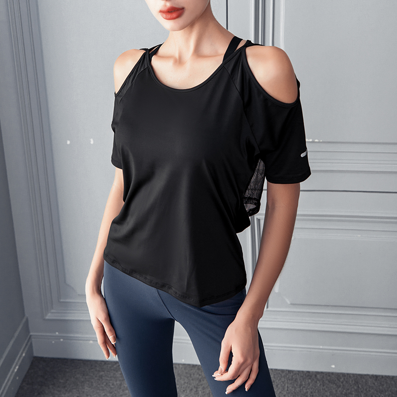

TX3141 New Leisure Sports Girl Yoga Fitness T-Shirt Breathable Mesh Splicing Fashion Fake Two-Piece Sportswear, Black