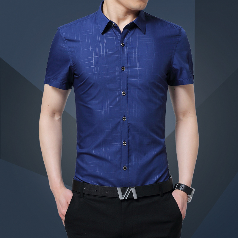

Summer men short sleeve shirt business casual shirt nude sweater male, Blue