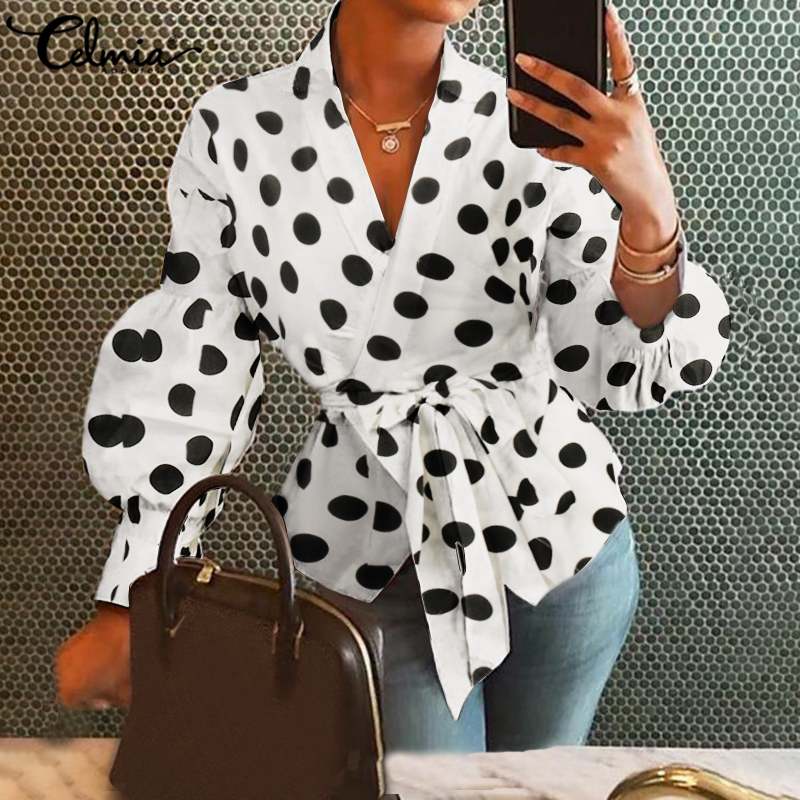 

Top Fashion Celmia Women Long Lantern Sleeve Elegant Blouse Tunic Shirt Point Dot Vintage Casual V-Neck Ladies Belted Blusas 5XL, Black