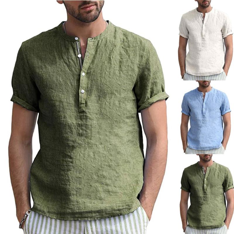 

Men Shirts Home Pure Color Button Linen Solid Short Sleeve Retro Shirts Tops Blouse Male clothing streetwear camisa masculina, Green
