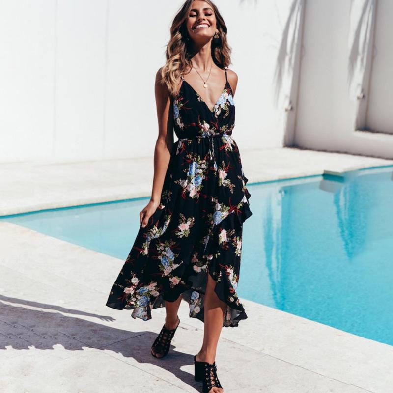 

2020 Summer Women Dress Sexy Black White Floral Print Dresses Women Beach Casual Dress Elegant Spaghetti Strap