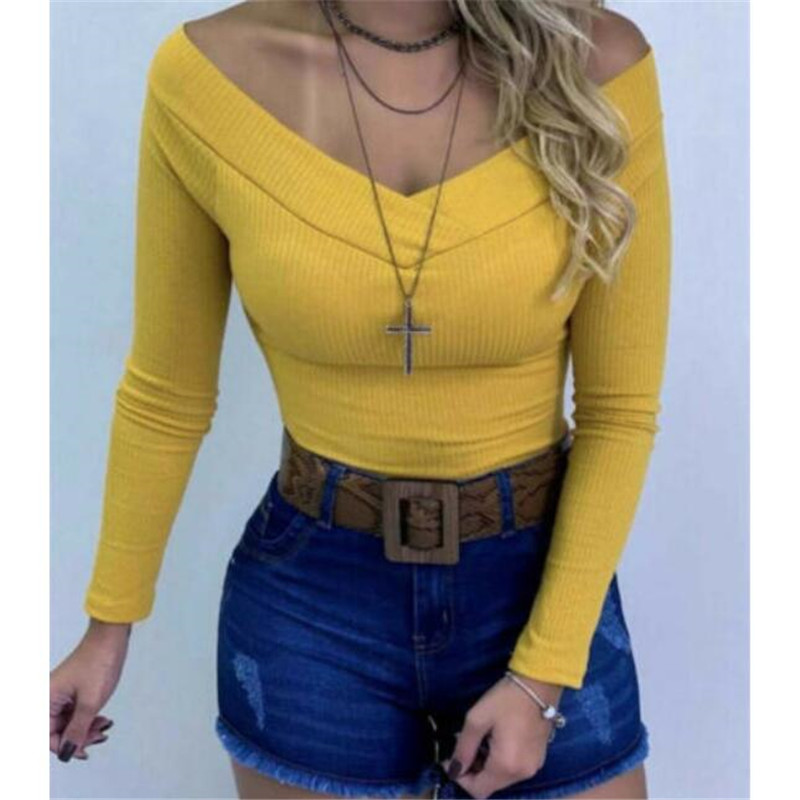 

Februaryfrost 2020 Women Off-shoulder Slash Neck Tops Long Sleeve Blouse Slim Stretch Leotard Party Clubwear, Yellow