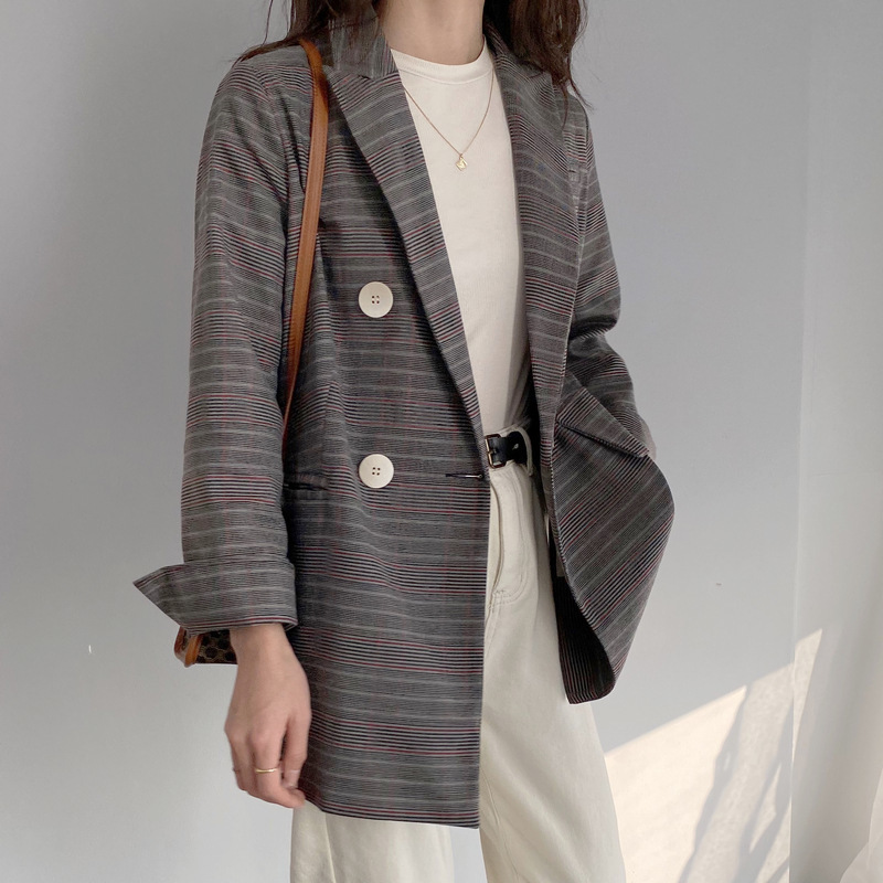 

New Spring Jacket Women 2020 Causal Suit Blazer Plaid Loose Coat Special Flap Pocket Blazer Suit Female Clothes Tailored Jackets, Black ash