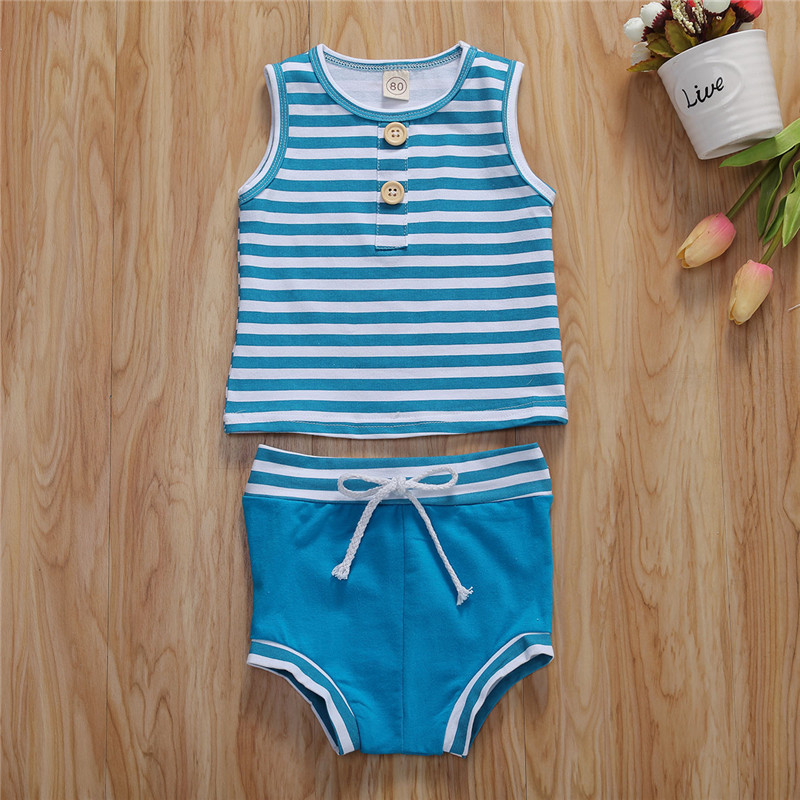 

Little Boys Breathable Blue White Stripes Sleeveless Top Shorts Set Toddlers Summer Casual Round Collar Top with Short Trousers