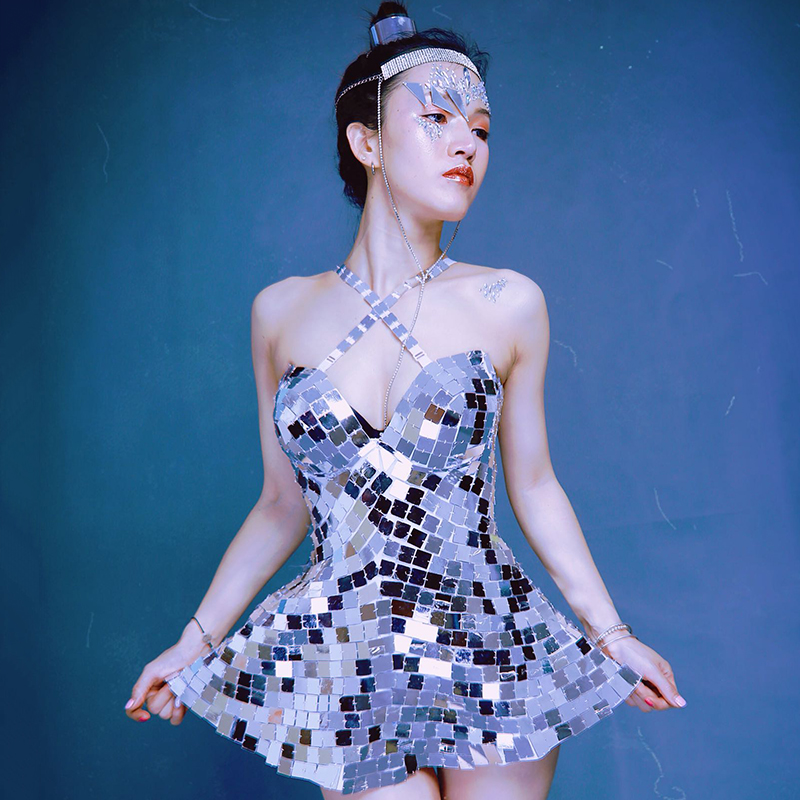 Shining Silver Mirrors Skirt Nightclub Party Leotard Performance Dancer Costume