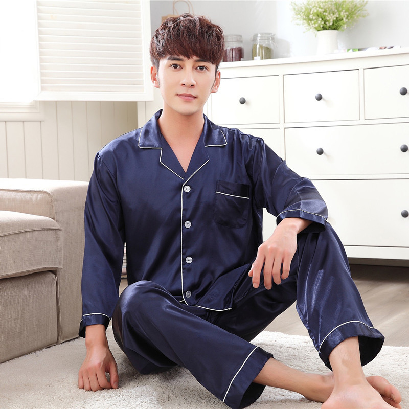 Satin Silk Pajamas Long For Men Autumn Sleepwear Male Pajama Set Soft Nightgown For Men Pyjamas Sleep Lounge Big Size M-3XL Y200422