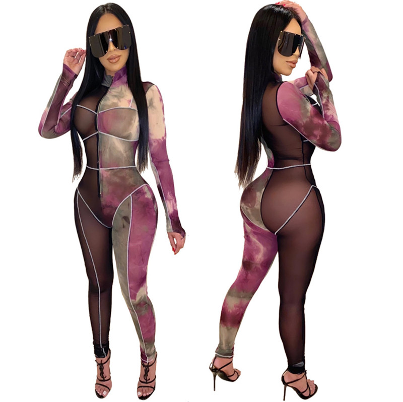 

Women Sexy skinny jumpsuit stand collor sheer Rompers zipper long sleeve bodysuit tie dye overalls fashion clubwear free shipping 2552, As pic