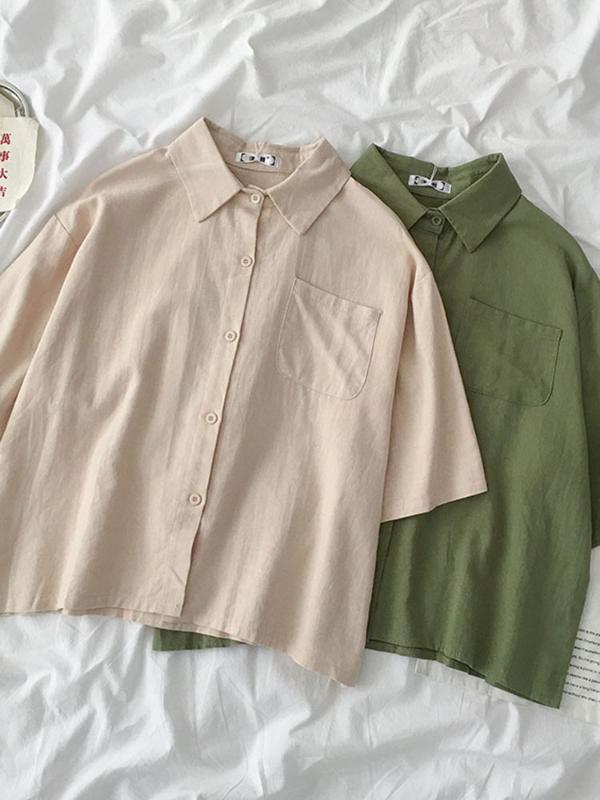 

2020 New Summer Short Sleeve Shirts Women Korean Vintage Solid Color Turn-down Collar Loose Blouses Student Casual Chic Tops, Green
