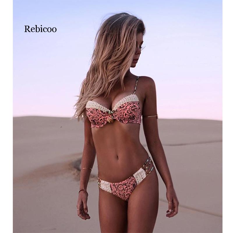 

New Arrival 3D Floral String Bandage Super Push Up Bikini Set Sexy Swimwear Solid Bathing Suit Women Beachwear, Pink