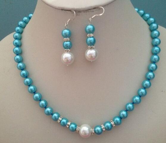 Belle 8 mm Bleu South Sea Shell Pearl PERLES rondes Collier Boucles d/'oreilles Set 18/"